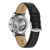 Fondo de reloj para hombre: correa de cuero negra, caja plateada con vista del movimiento