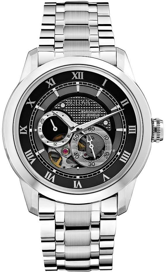 Reloj automático para hombre con esfera esqueleto, correa de metal plateado y anillo interior negro
