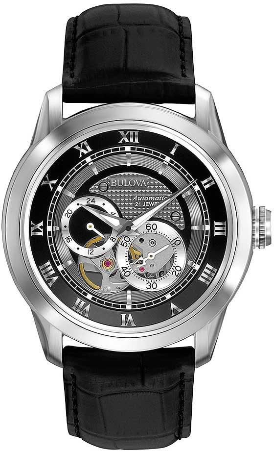 Reloj de esqueleto para hombre con correa de cuero negra, caja de acero inoxidable plateada y esfera negra