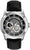 Reloj de esqueleto para hombre con correa de cuero negra, caja de acero inoxidable plateada y esfera negra