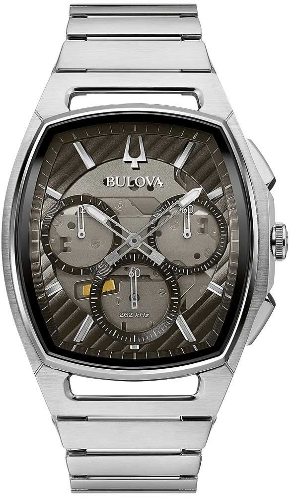 Reloj Bulova para hombre con correa de acero inoxidable plateada y esfera oscura, diseño curvo