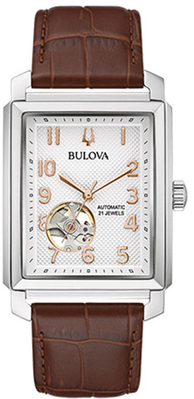 Reloj automático Bulova Sutton para hombre con correa de cuero marrón y esfera Open Heart