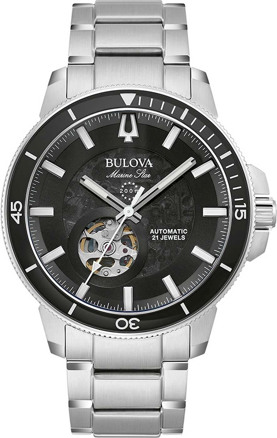 Reloj Bulova Marine Star para hombre con esfera negra, automático y brazalete de acero inoxidable