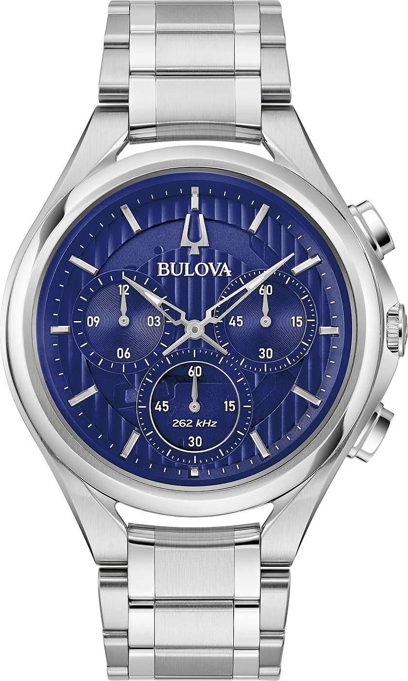 Reloj Bulova para hombre: esfera azul, cronógrafo, caja curva de acero inoxidable, correa de metal