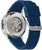 Fondo de reloj para hombre con movimiento automático visible, correa de caucho azul y caja de acero inoxidable