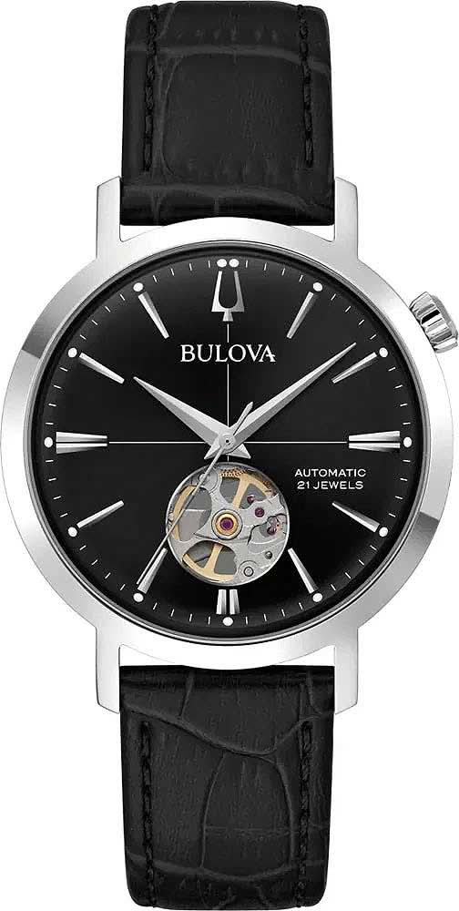 Reloj Bulova para hombre con esfera negra, caja de acero inoxidable y correa de cuero negra