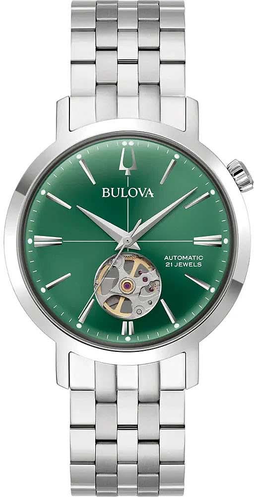 Reloj automático para hombre con esfera verde, correa de acero inoxidable y corazón abierto