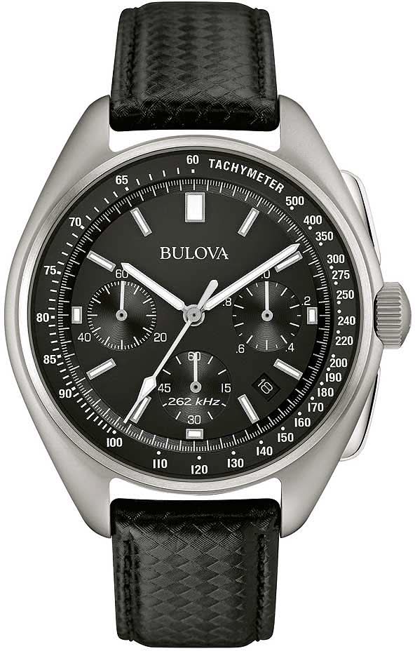 Reloj Bulova para hombre con esfera negra, taquímetro y correa de cuero negra