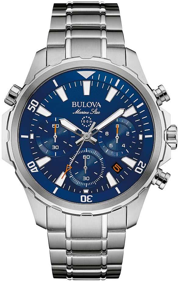 Reloj de hombre con esfera azul, subesferas de cronógrafo y pulsera de metal plateado