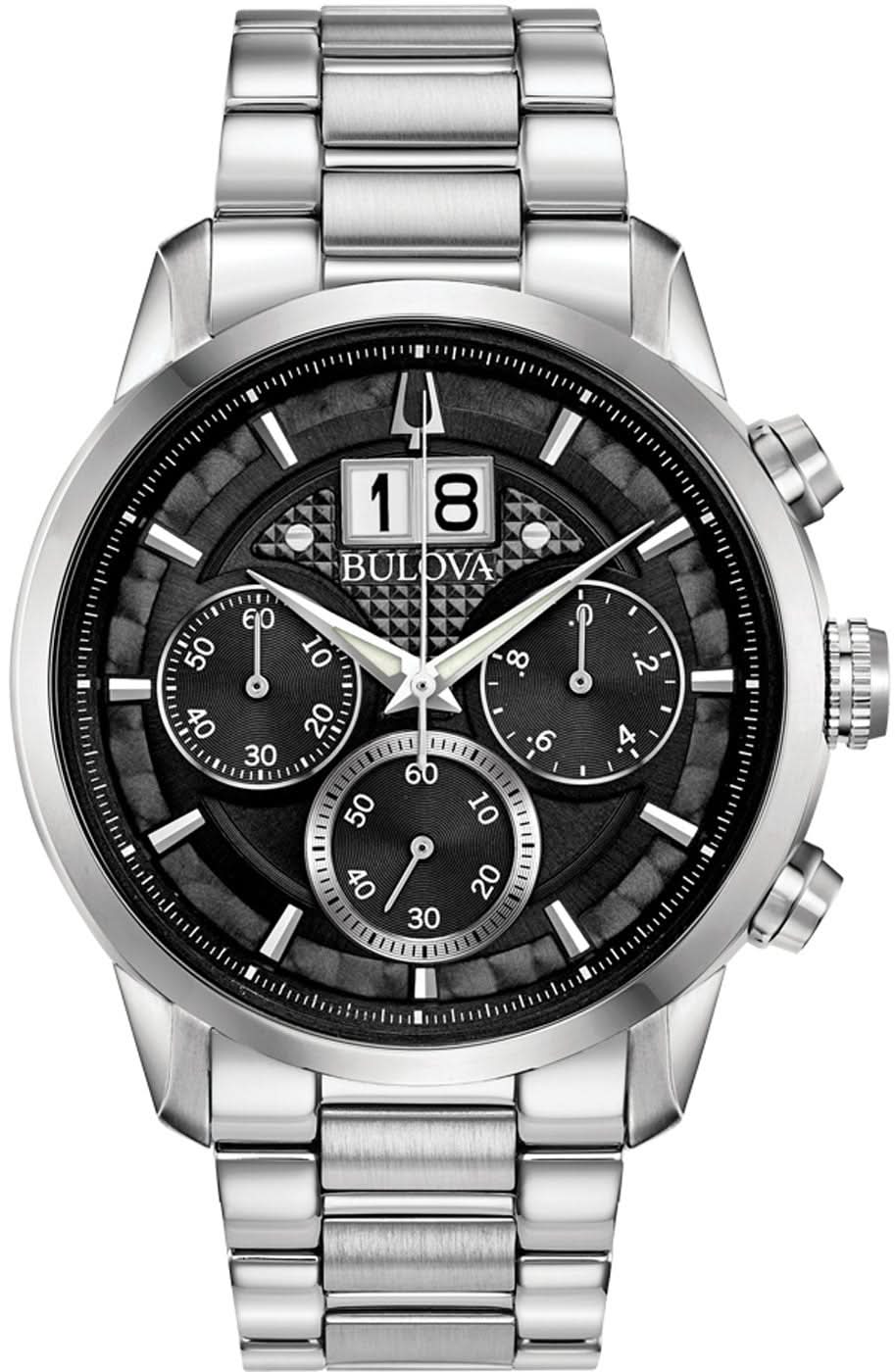 Reloj de hombre con correa de metal plateado, esfera negra y subesferas de cronógrafo