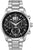 Reloj de hombre con correa de metal plateado, esfera negra y subesferas de cronógrafo