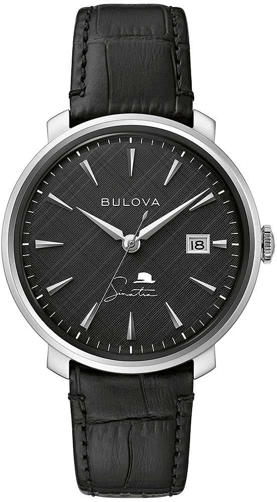 Reloj Bulova para hombre con esfera negra, caja plateada y correa de cuero negra
