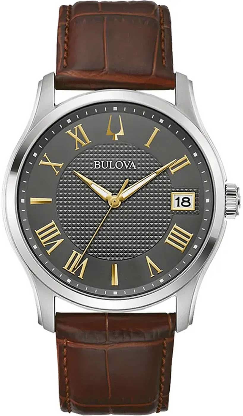 Reloj de hombre: esfera oscura, manecillas doradas, correa de cuero marrón