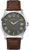 Reloj de hombre: esfera oscura, manecillas doradas, correa de cuero marrón