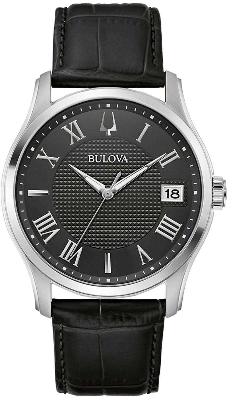 Reloj de hombre con esfera negra (Clous de Paris), números romanos, correa de piel