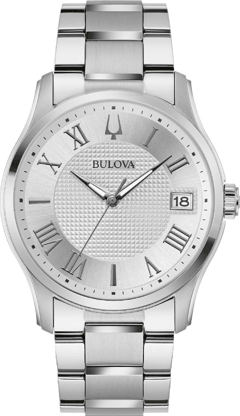 Reloj Bulova para hombre con esfera plateada, números romanos y ventana de fecha, correa de acero inoxidable