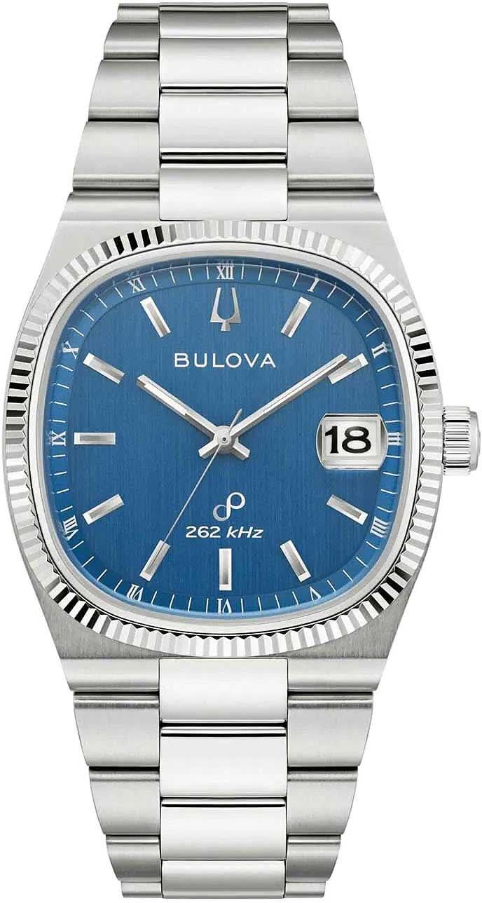 Reloj Bulova para hombre con esfera azul, correa de acero inoxidable plateado, 18 displays