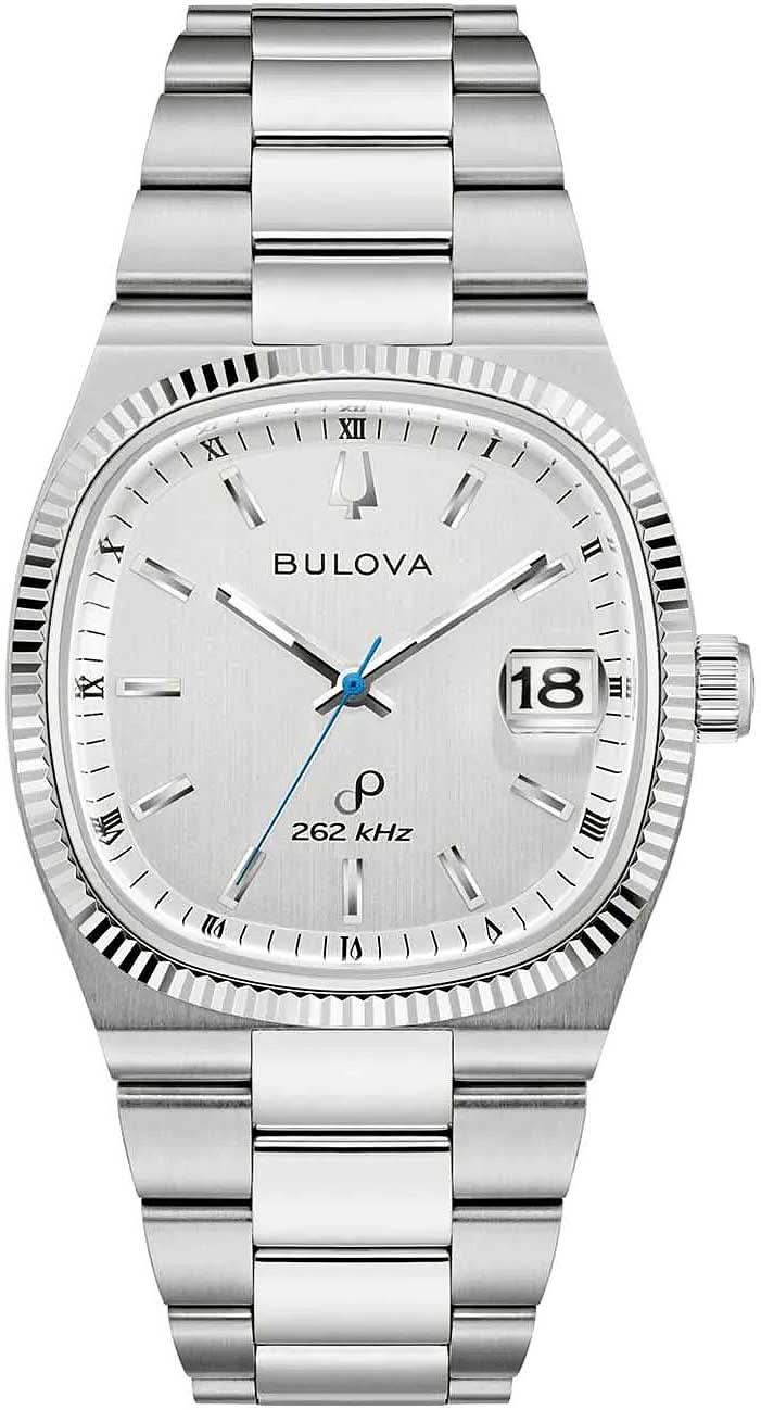 Reloj Bulova para hombre con brazalete de acero inoxidable plateado, esfera blanca y ventana de fecha