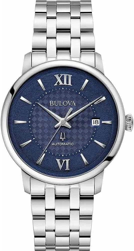 Reloj Bulova para hombre: esfera azul, números romanos, visualización de fecha, correa de acero inoxidable.