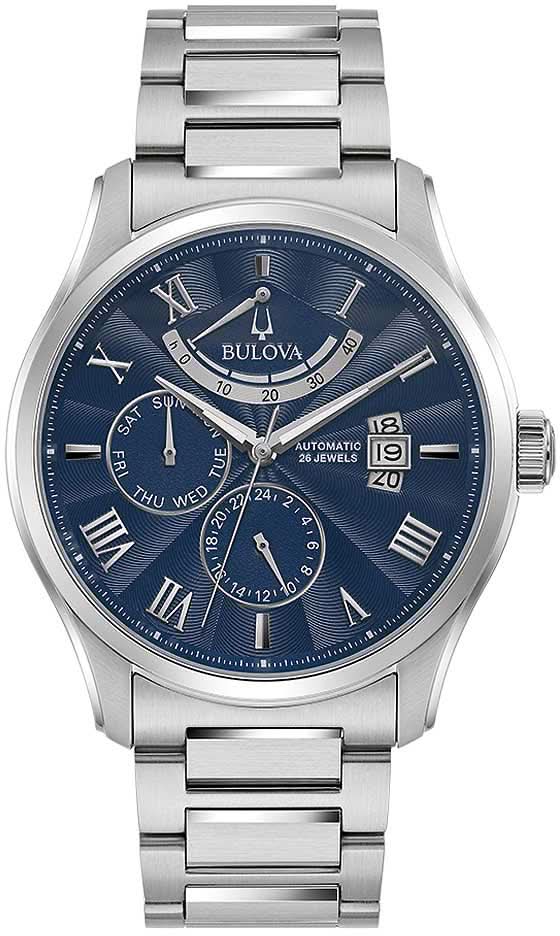 Reloj automático para hombre con esfera azul, correa de acero inoxidable plateado y visualización de fecha
