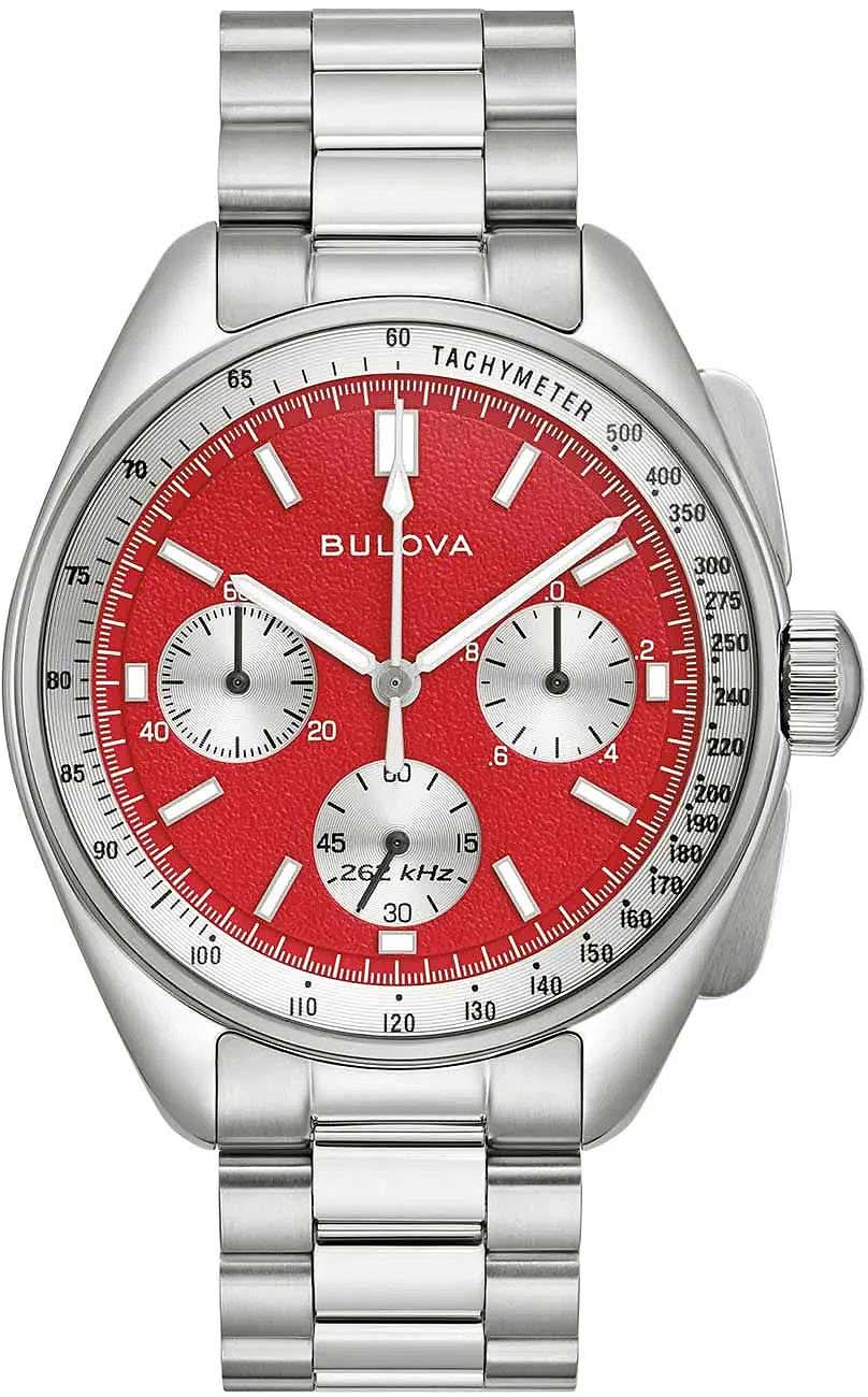 Pulsera de hombre Bulova con esfera roja, cronógrafo y correa de metal