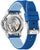 "Reloj de mujer con caja plateada, correa de caucho azul y movimiento visible"
