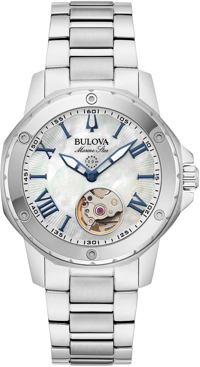Reloj Bulova para mujer con esfera de nácar, segundero azul y correa de acero inoxidable