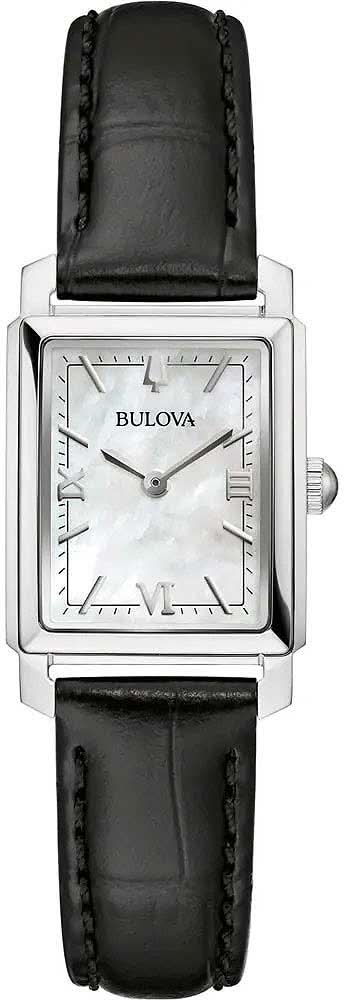 Reloj Bulova para mujer con esfera de nácar y correa de cuero negra, caja cuadrada