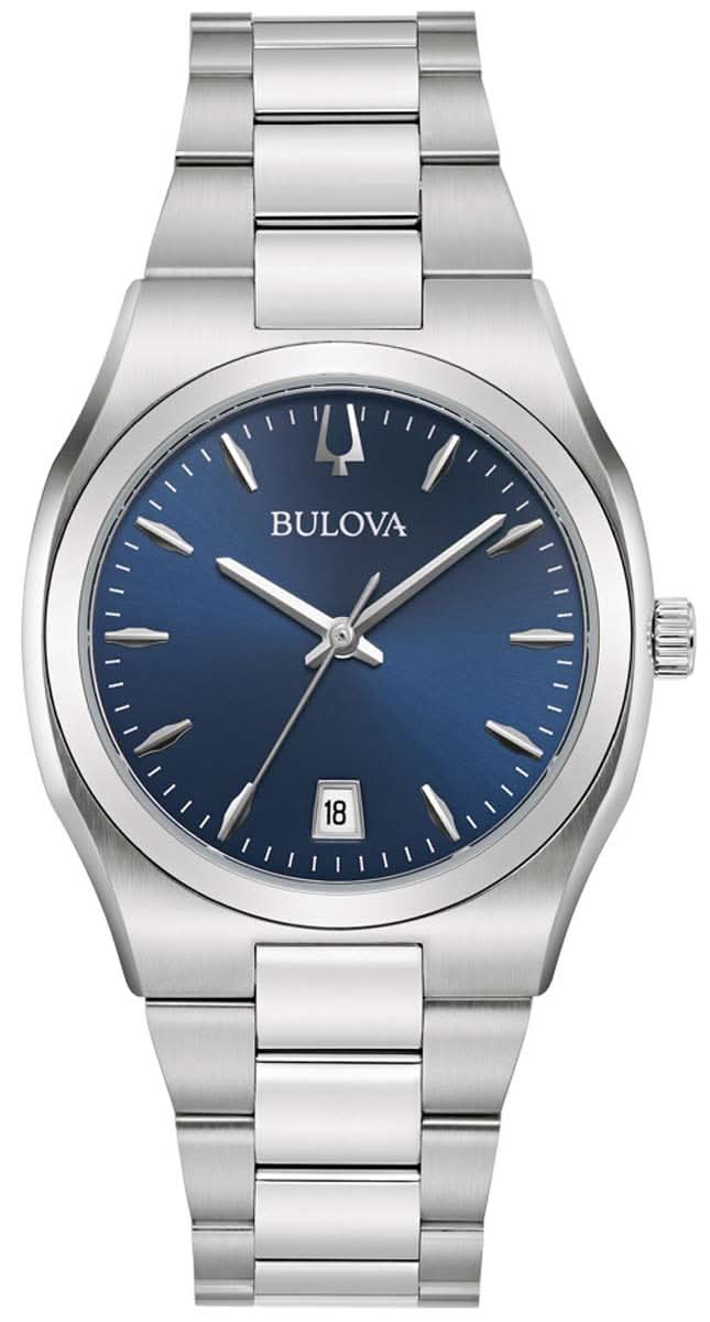 Reloj de mujer con esfera azul, brazalete de acero inoxidable plateado y ventana de fecha