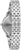Vista lateral de reloj Bulova para mujer con corona y pulsera de acero inoxidable, caja con grabado