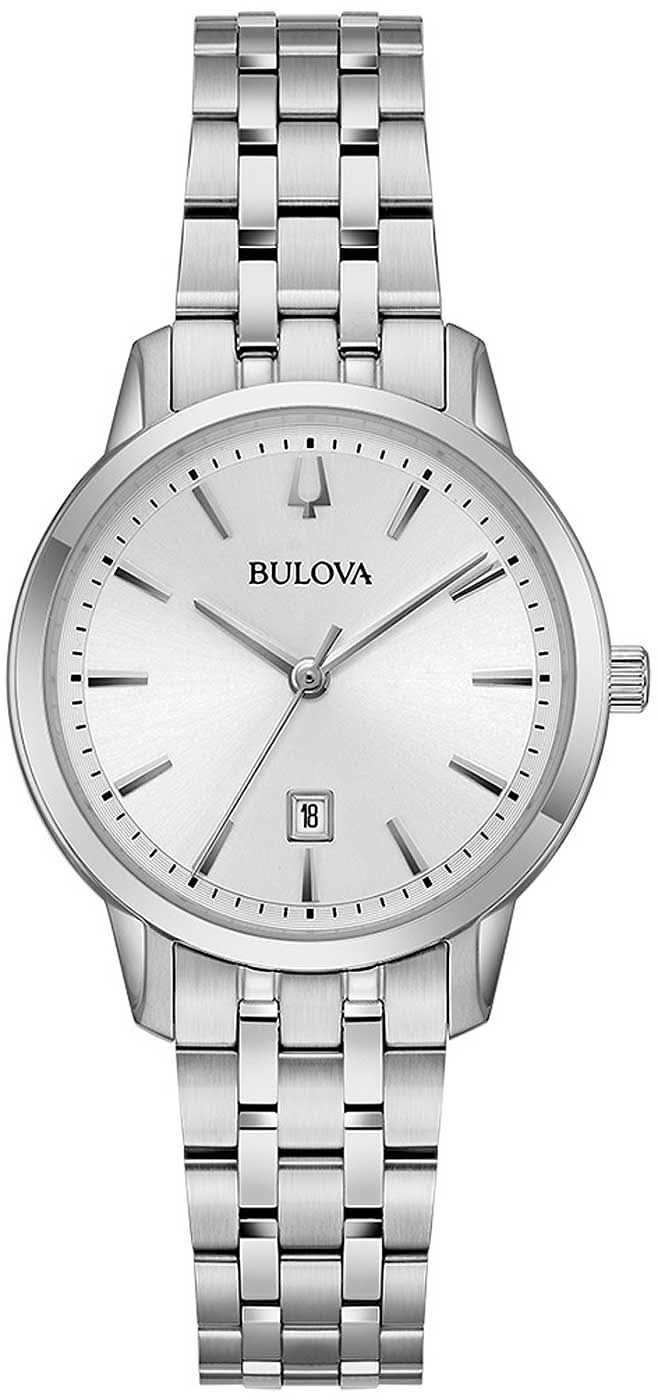 Reloj Bulova para mujer con esfera blanca, brazalete de acero inoxidable y cristal abombado
