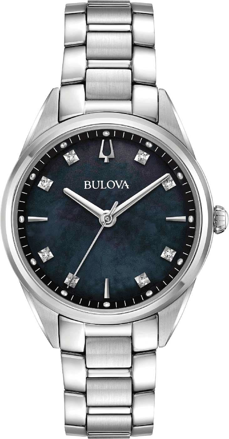 Reloj de mujer: brazalete de acero inoxidable, esfera oscura con índices de diamantes, cristal de zafiro