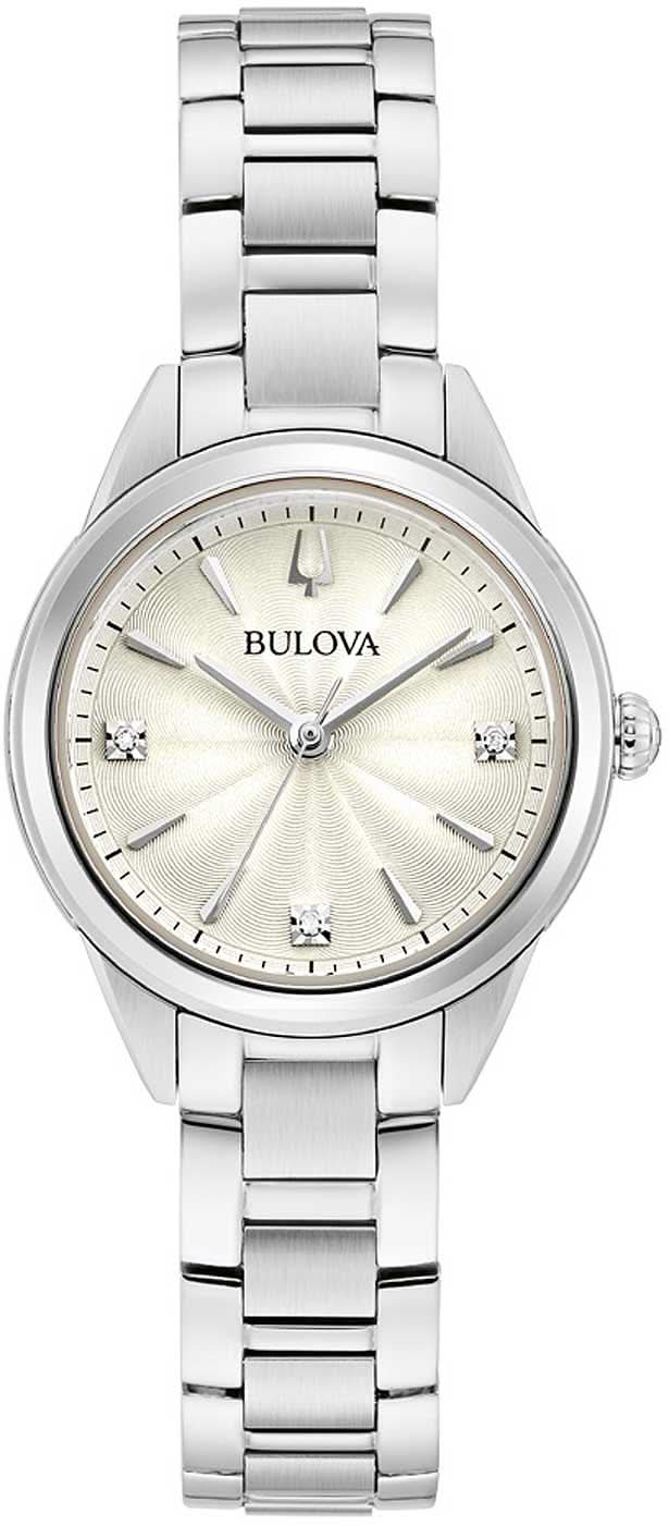 Reloj Bulova para mujer con brazalete de metal plateado, esfera redonda clara y detalles de diamantes