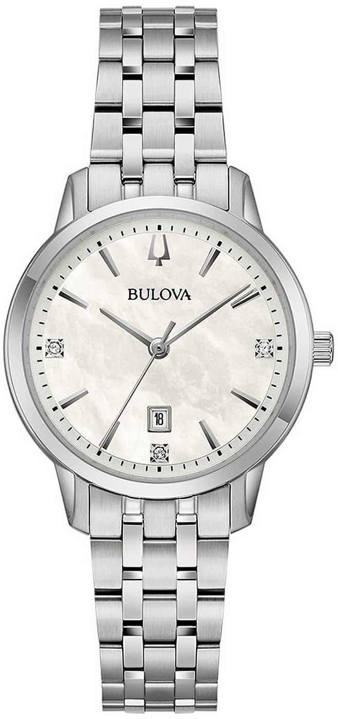 "Reloj de mujer con brazalete de metal plateado, esfera de nácar e índices de diamantes, visualización de fecha"