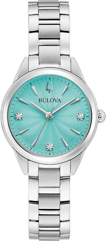 Reloj Bulova para mujer con esfera turquesa, índices de diamantes y brazalete de acero