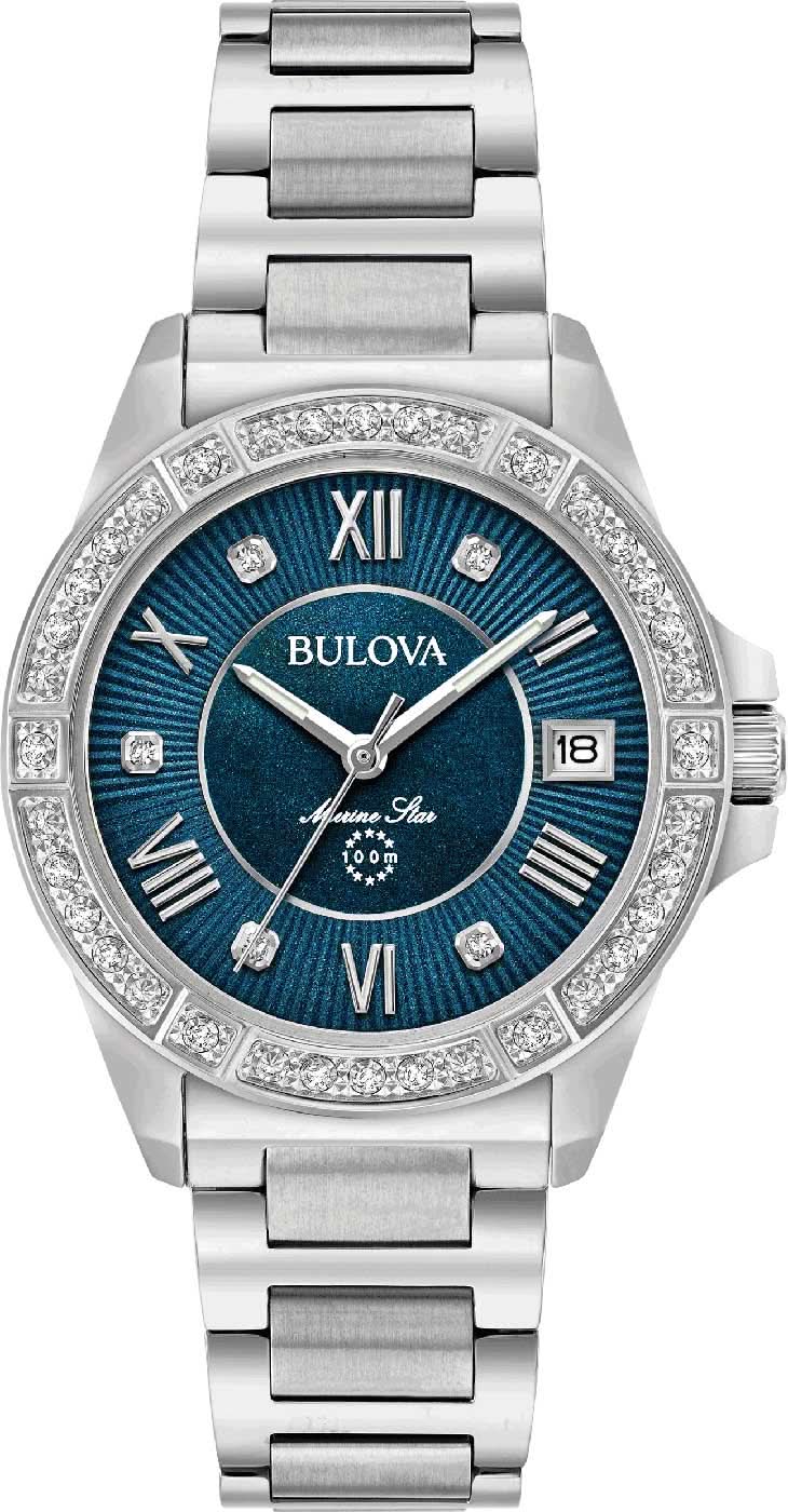 "Reloj de mujer con esfera azul, bisel de diamantes y brazalete de acero, indicador de fecha a las 18"