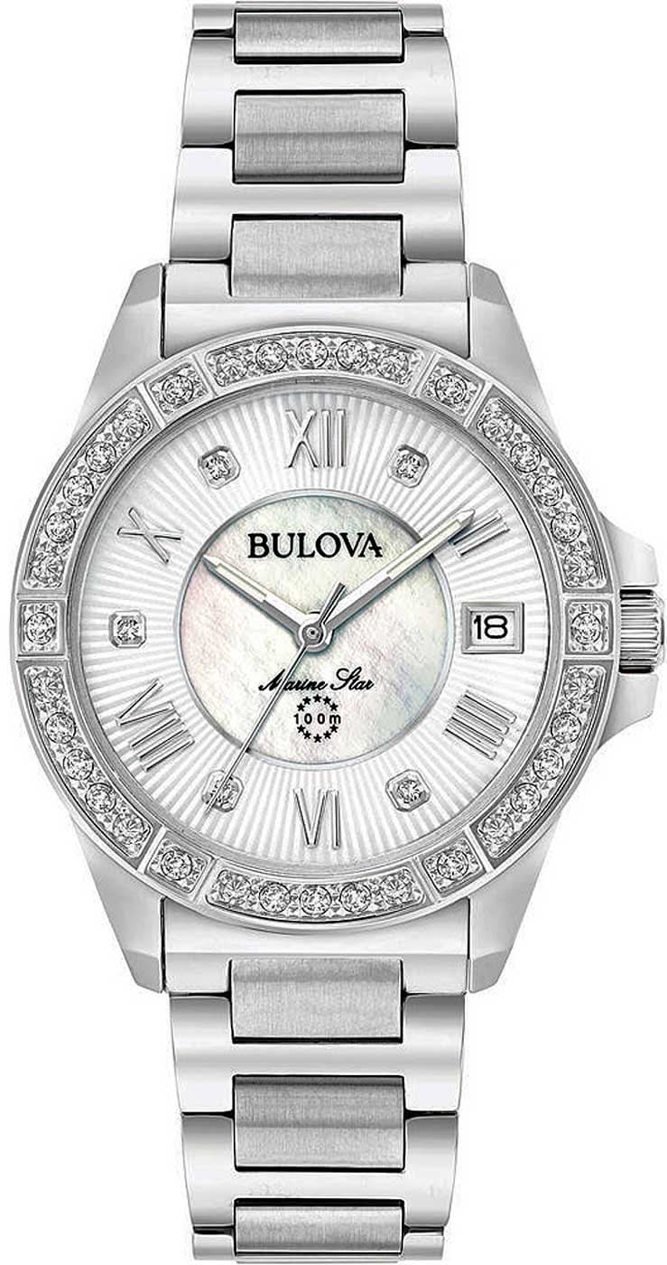 Reloj de mujer con pulsera de acero inoxidable y esfera de nácar, bisel con incrustaciones de diamantes