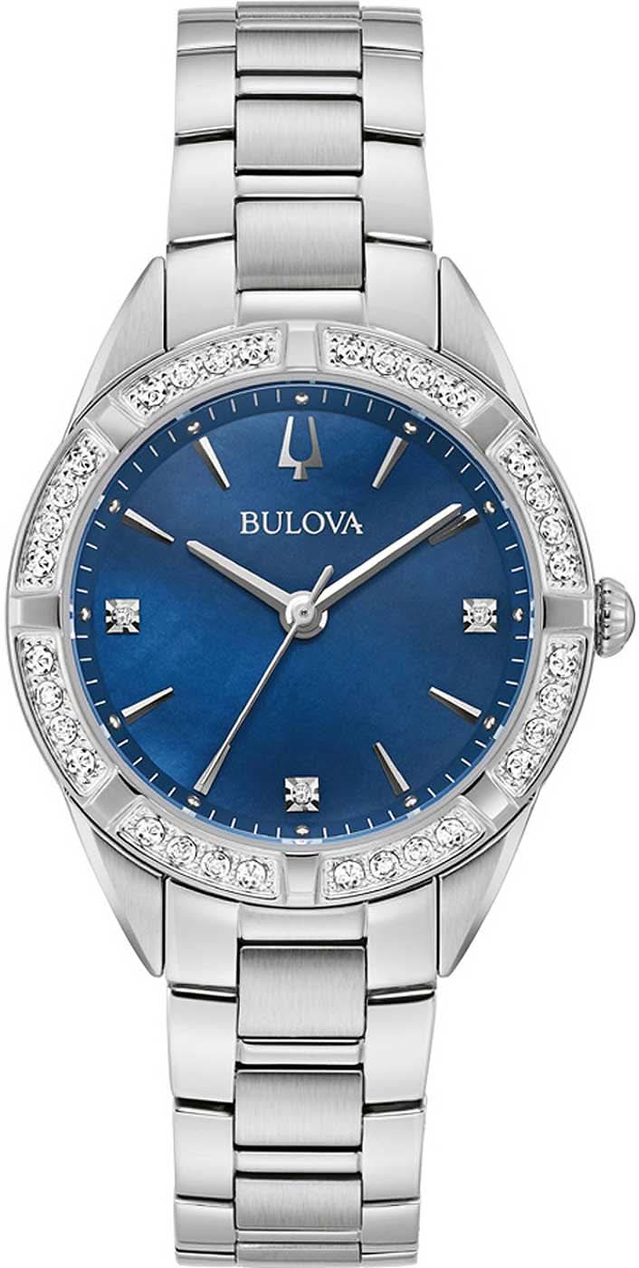 "Reloj de mujer con esfera azul, bisel de diamantes y pulsera de acero inoxidable plateado"