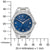"Reloj de mujer con esfera azul, índices de bastón, detalles de diamantes y pulsera de acero inoxidable"