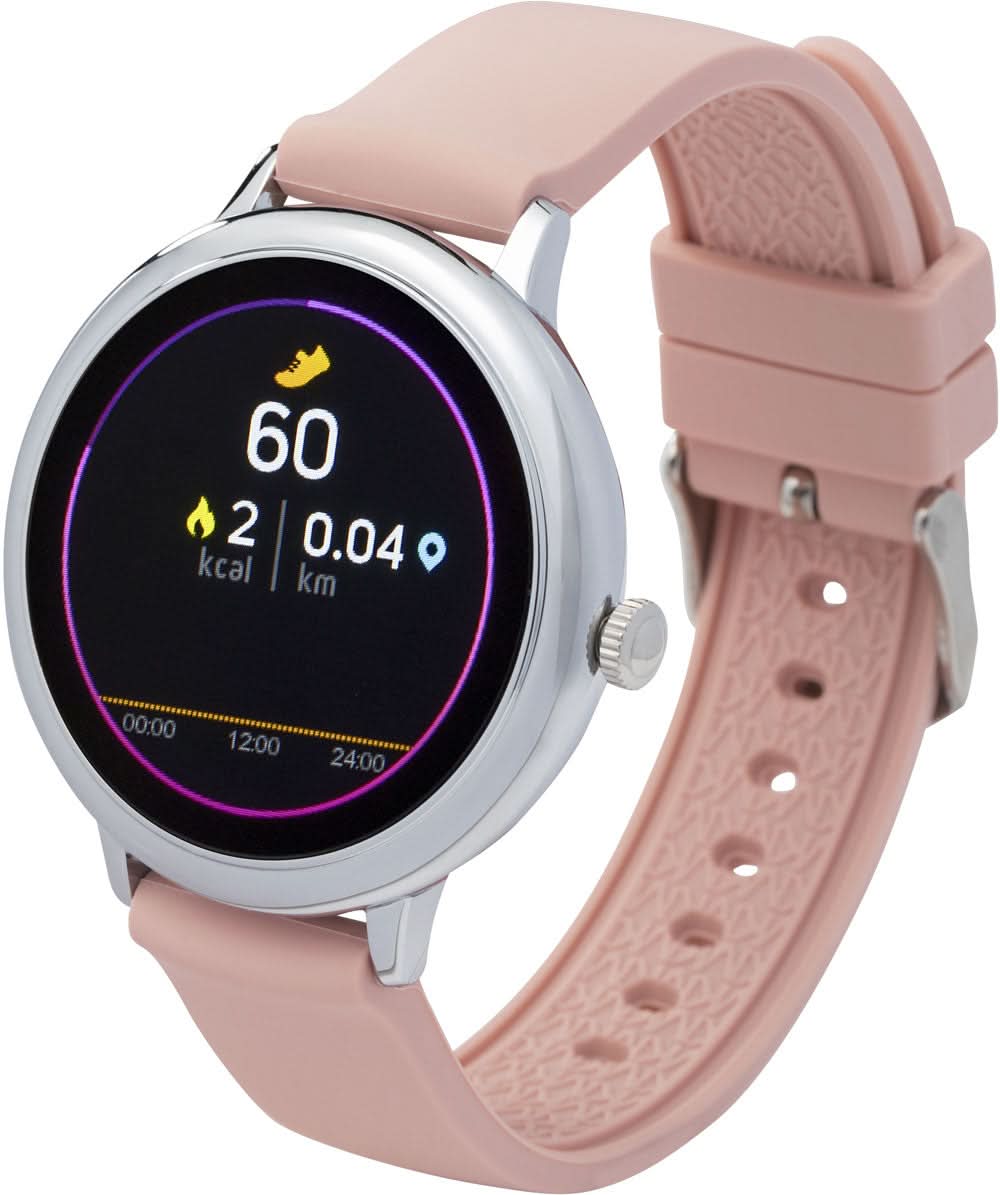 Smartwatch con caja redonda y correa de silicona rosa, pantalla de visualización