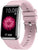 Smartwatch con correa de silicona rosa, pantalla rectangular y estampado floral.