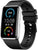 Reloj inteligente plateado con correa de silicona negra, pantalla con hora y símbolos.