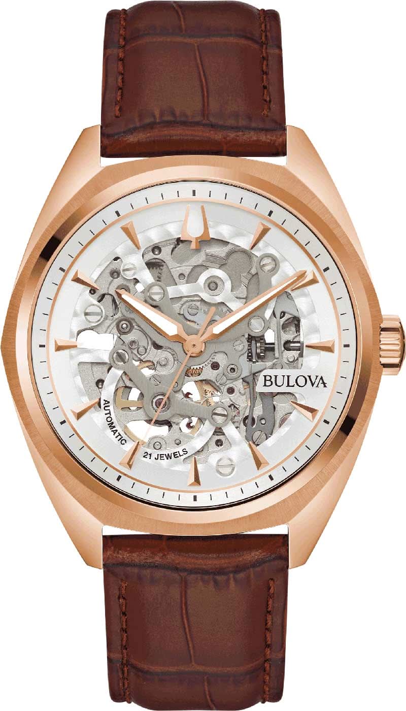 Pulsera de hombre con esfera esqueletizada, movimiento automático, correa de cuero marrón