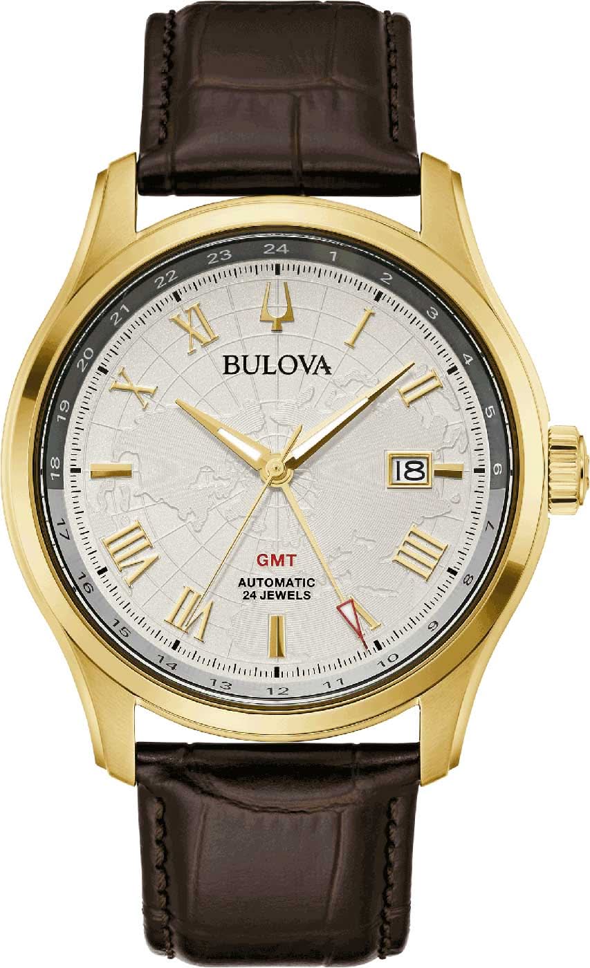 Reloj de hombre con caja dorada, correa de cuero marrón y esfera blanca