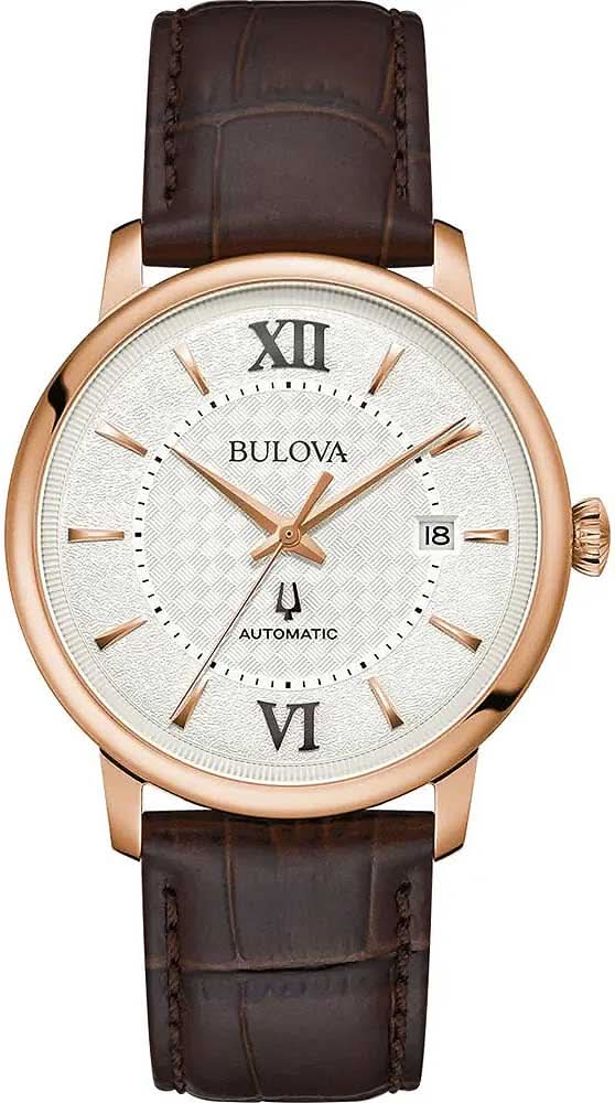 Reloj automático para hombre con correa de cuero marrón, caja de oro rosa y esfera blanca