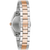 Bulova reloj de mujer en perfil lateral con pulsera bicolor de acero inoxidable y eslabones centrales en tono oro rosa