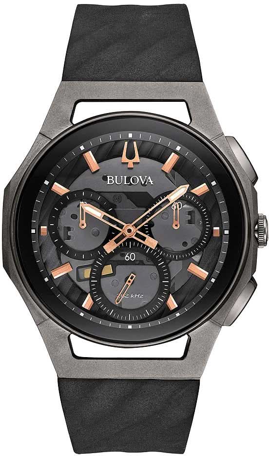 Reloj Bulova para hombre: esfera negra, caja curvada, correa negra