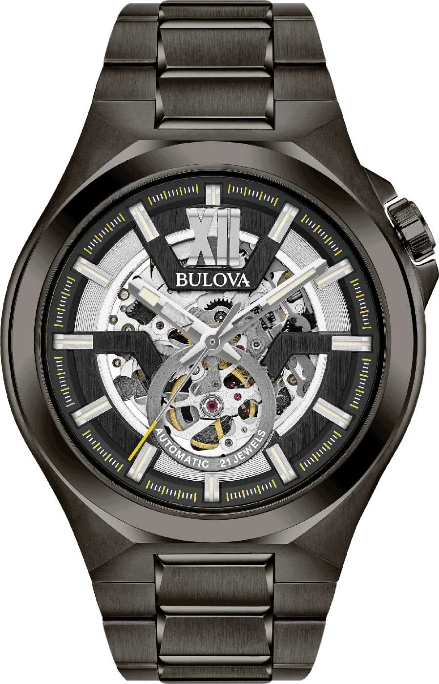 Reloj Bulova para hombre con esfera esqueleto, movimiento automático, correa de acero inoxidable negra