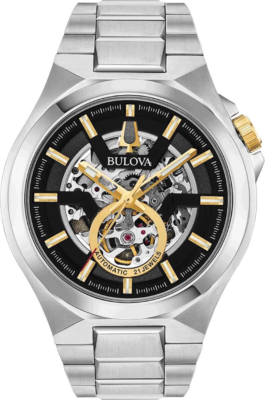 Reloj automático Bulova con correa de acero inoxidable plateada, esfera negra y diseño de corazón abierto
