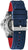 Reloj para hombre con correa de silicona azul, visible en la tapa trasera